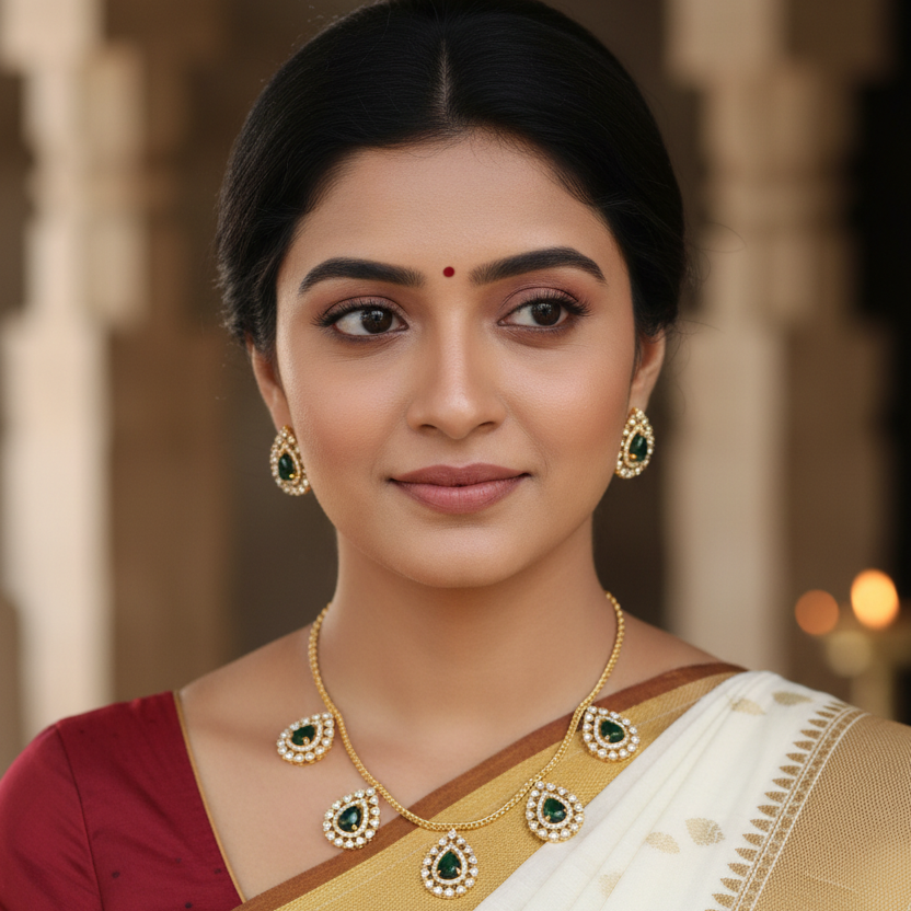 CZ Diamond Choker Necklace & Earrings Set – Kerala Temple Style