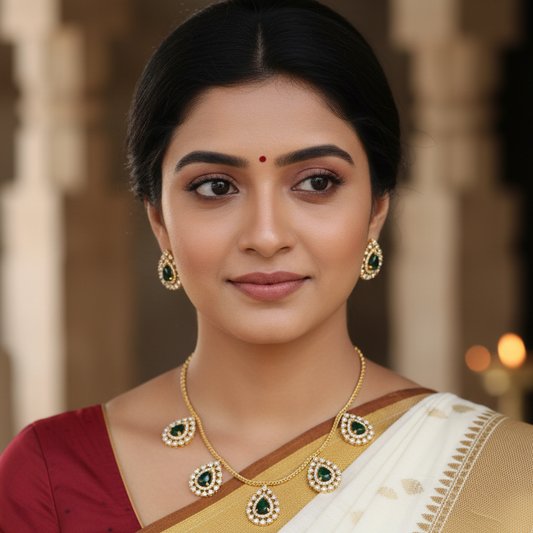 CZ Diamond Choker Necklace & Earrings Set – Kerala Temple Style
