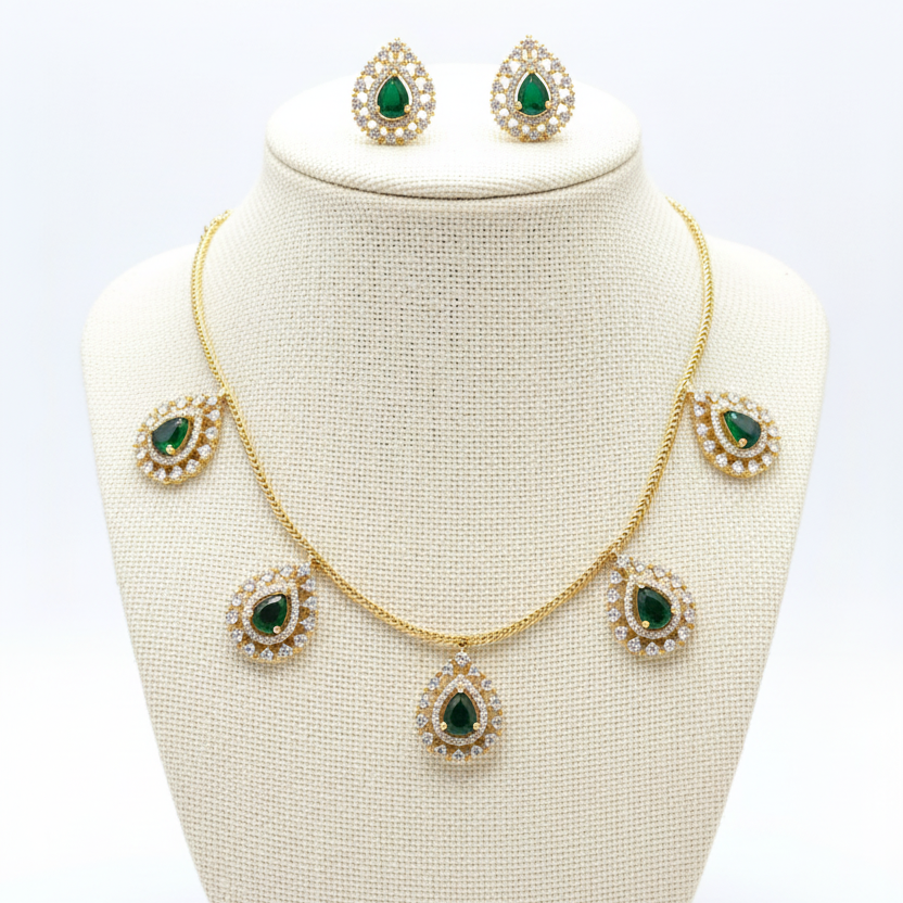 CZ Diamond Choker Necklace & Earrings Set – Kerala Temple Style