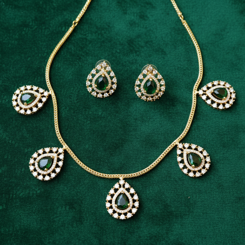 CZ Diamond Choker Necklace & Earrings Set – Kerala Temple Style