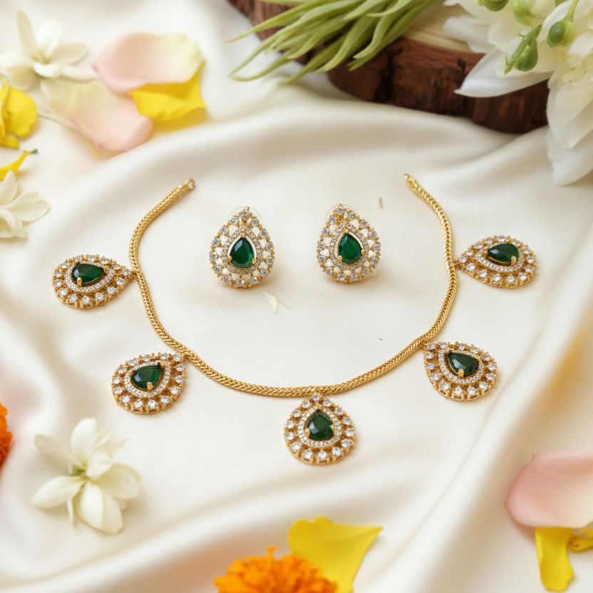 CZ Diamond Choker Necklace & Earrings Set – Kerala Temple Style