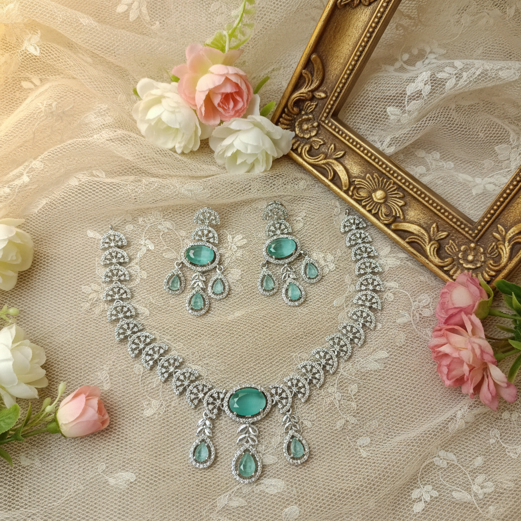 Emerald Green CZ Fan Necklace Set with Chandelier Drop Earrings