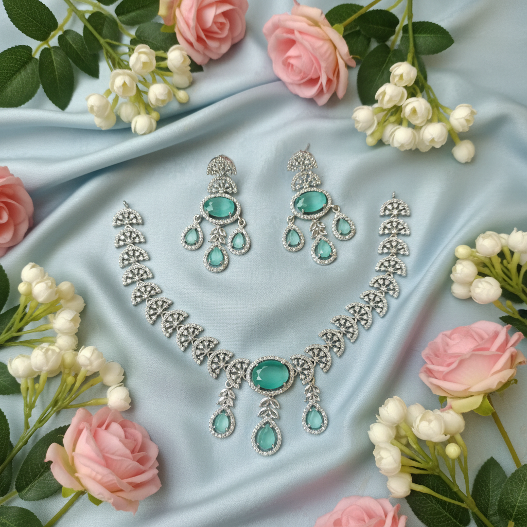 Emerald Green CZ Fan Necklace Set with Chandelier Drop Earrings