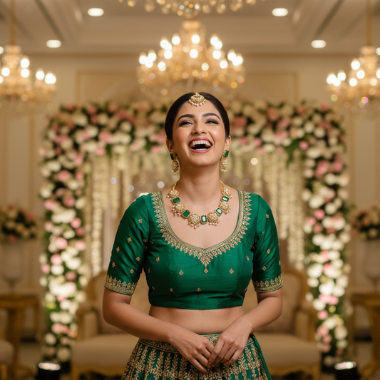 Emerald Rectangle & Pearl Filigree Necklace & Earring Set
