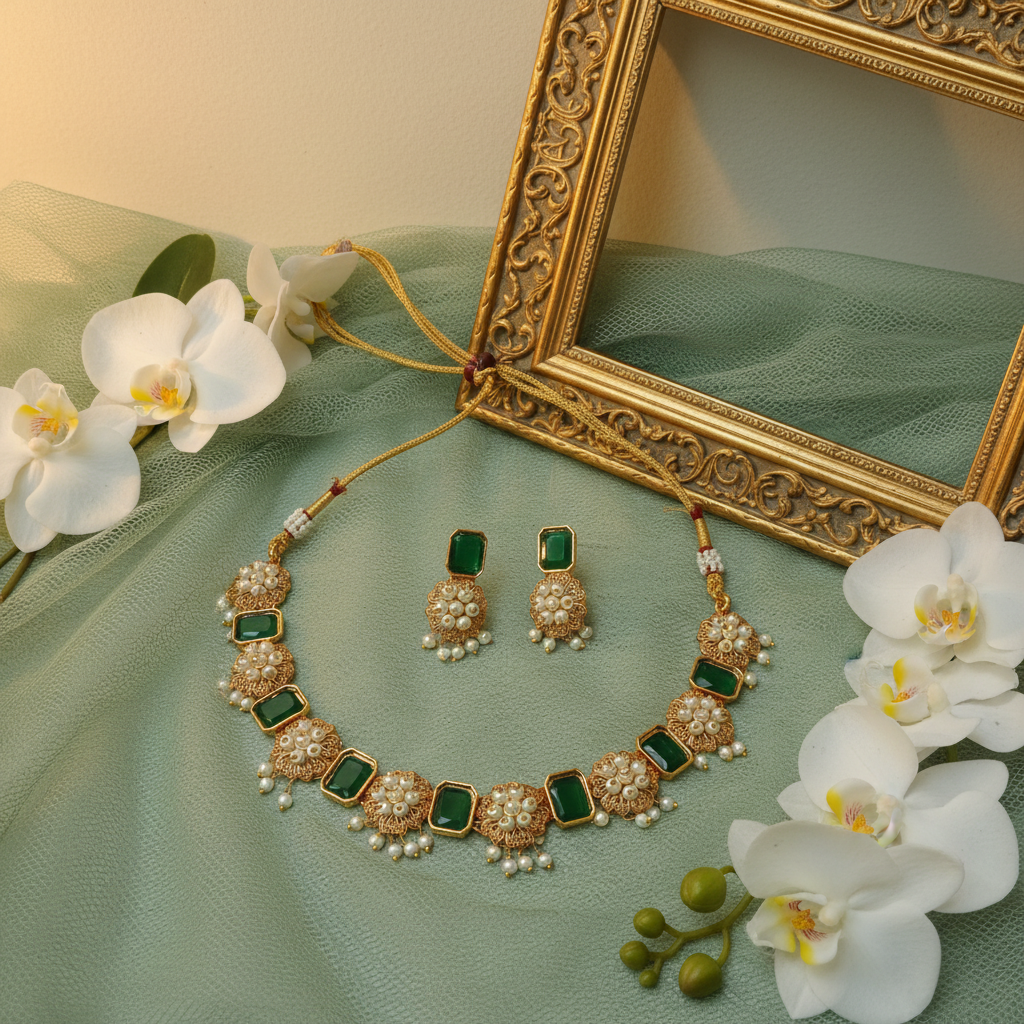 Emerald Rectangle & Pearl Filigree Necklace & Earring Set