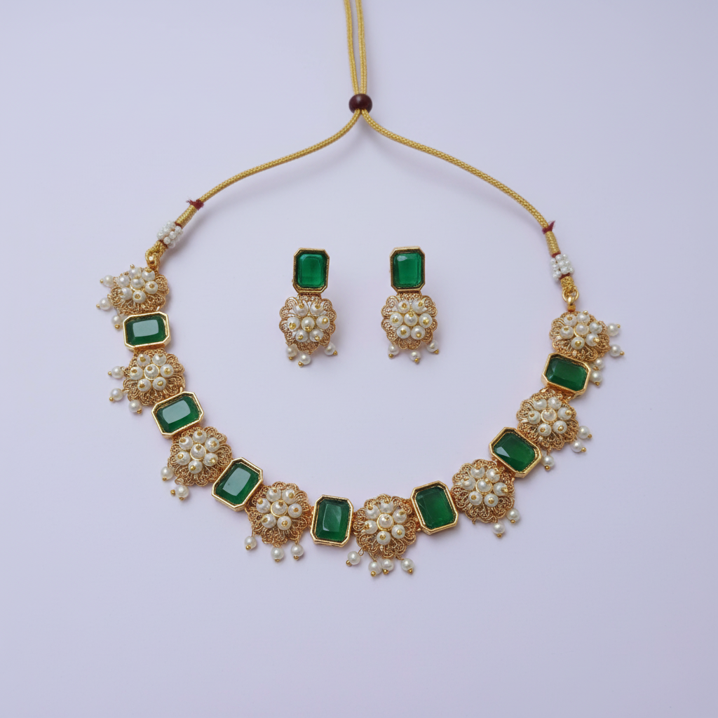 Emerald Rectangle & Pearl Filigree Necklace & Earring Set