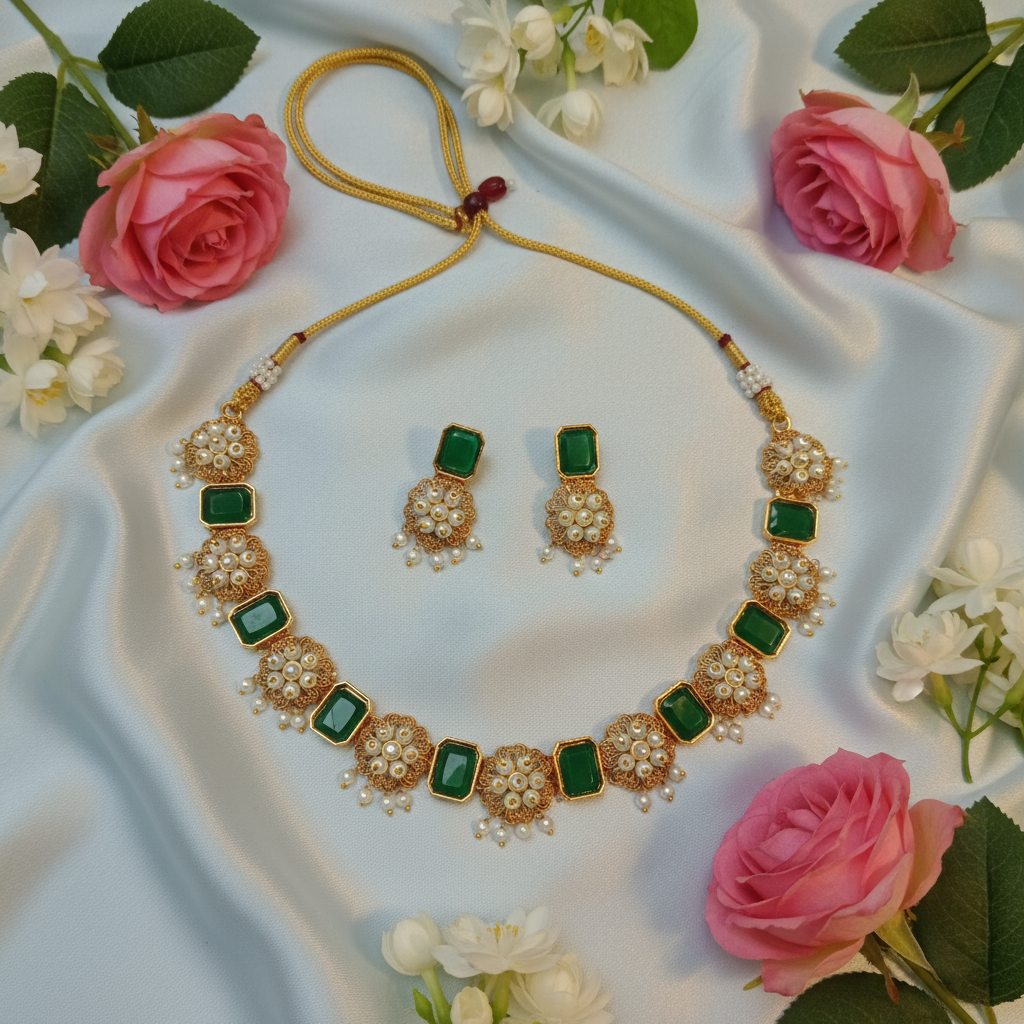 Emerald Rectangle & Pearl Filigree Necklace & Earring Set