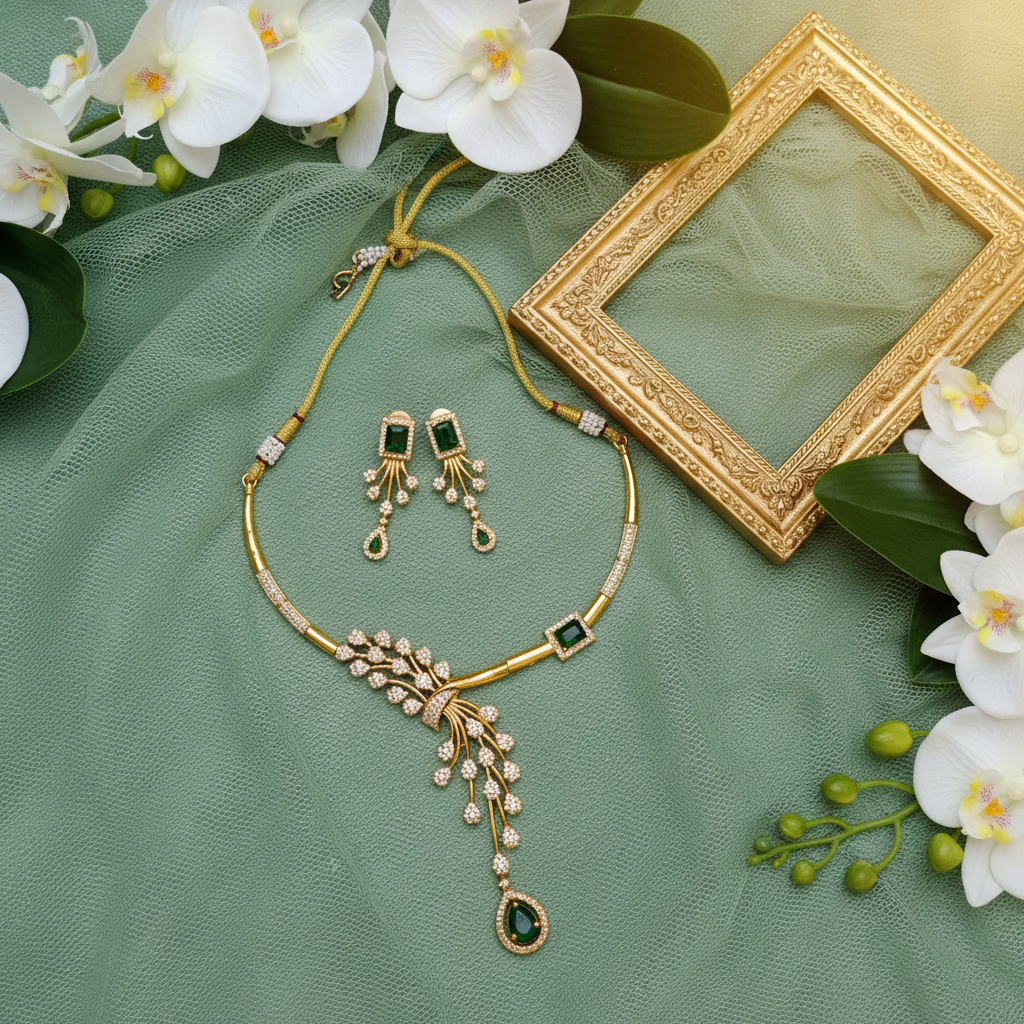 Emerald CZ Tube Necklace & Drop Earrings Set