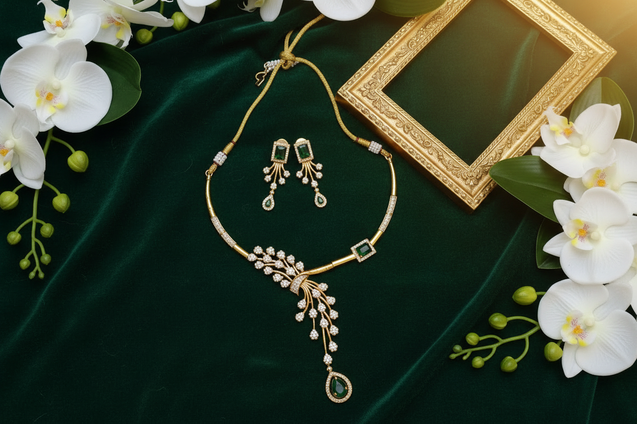 Emerald CZ Tube Necklace & Drop Earrings Set