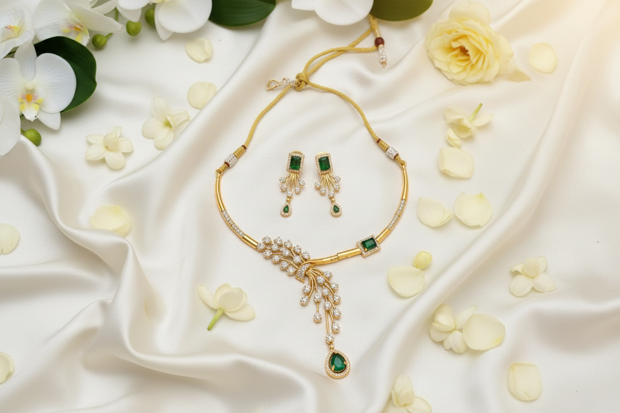 Emerald CZ Tube Necklace & Drop Earrings Set