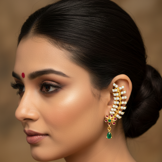 CZ Emerald Leaf Ear Climber Earrings with Green Emerald Drop
