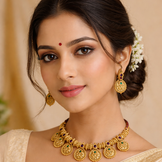 Title: Antique Gold Temple Coin Necklace Set