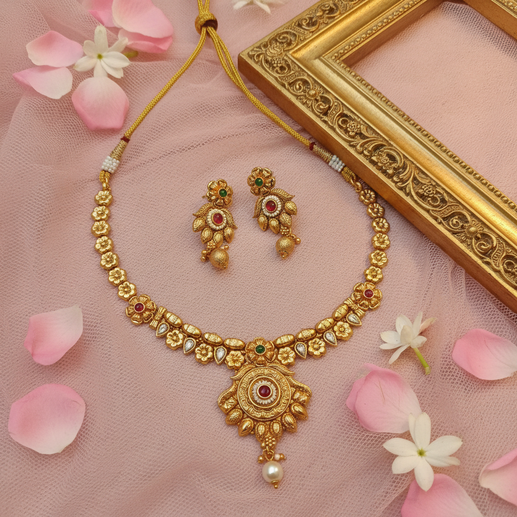 Royal Floral Temple Jewellery Set with Statement Pendant & Matching Earrings