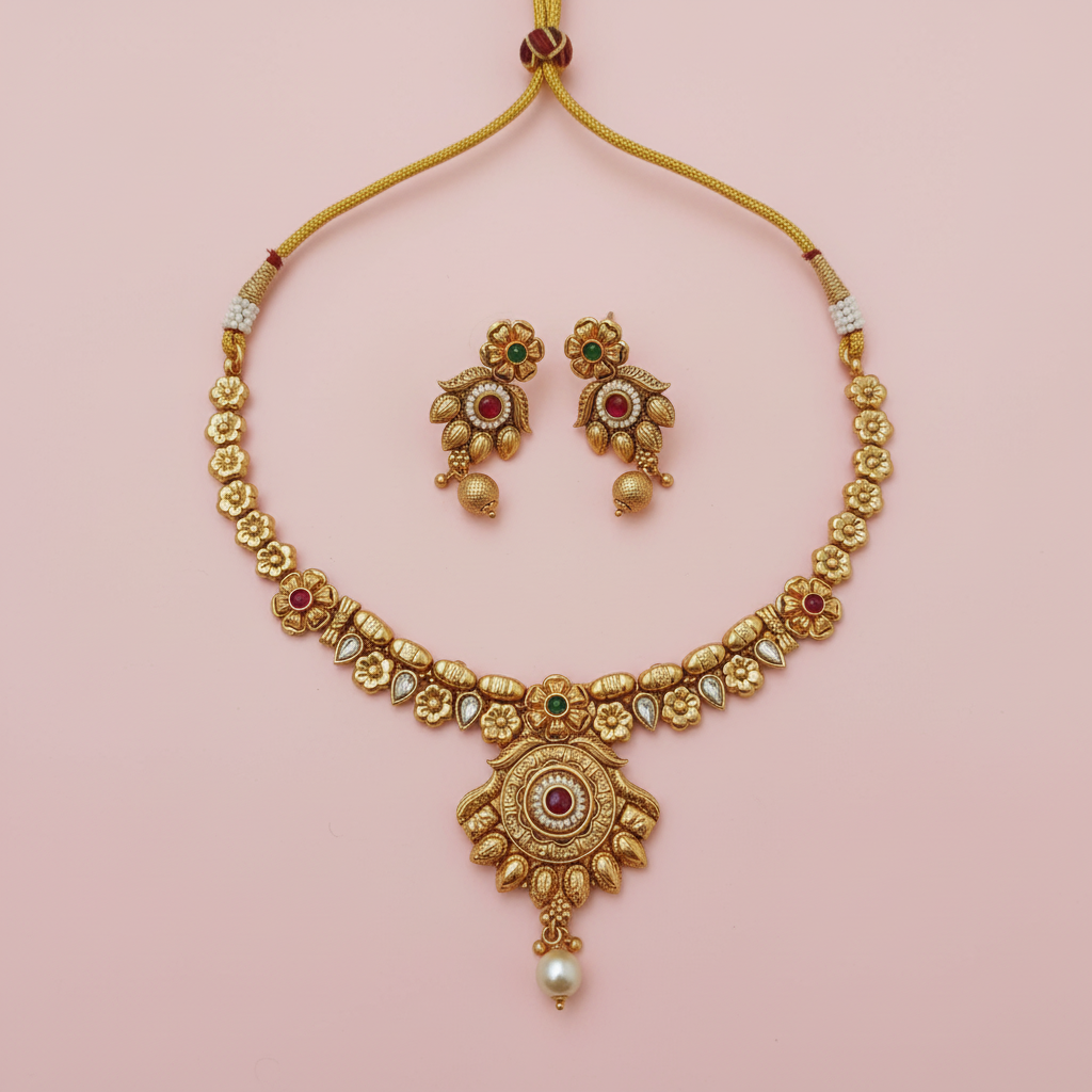 Royal Floral Temple Jewellery Set with Statement Pendant & Matching Earrings
