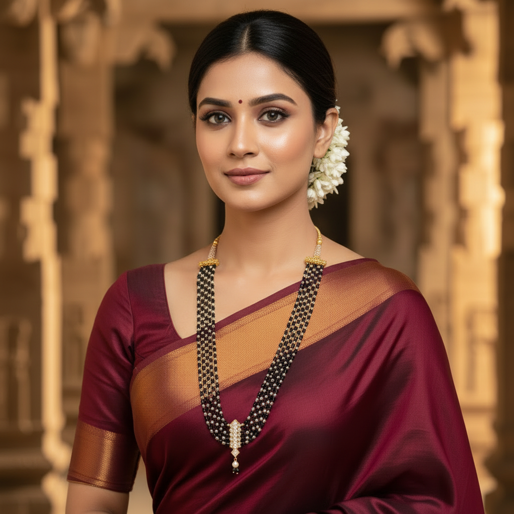 Front Look Model Wearing Mangalsutra at Temple