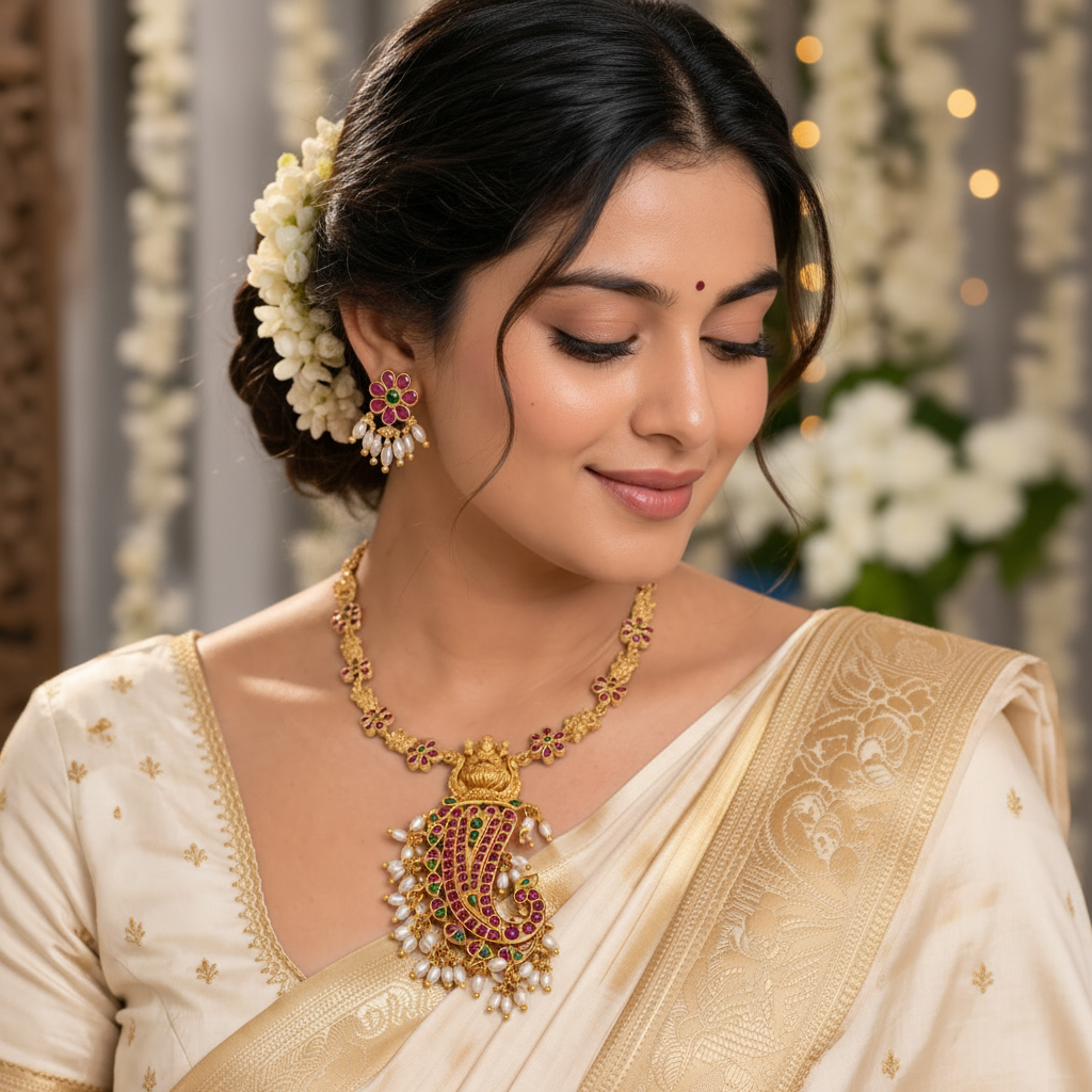 Ganesha Peacock Necklace Cream Saree - Square