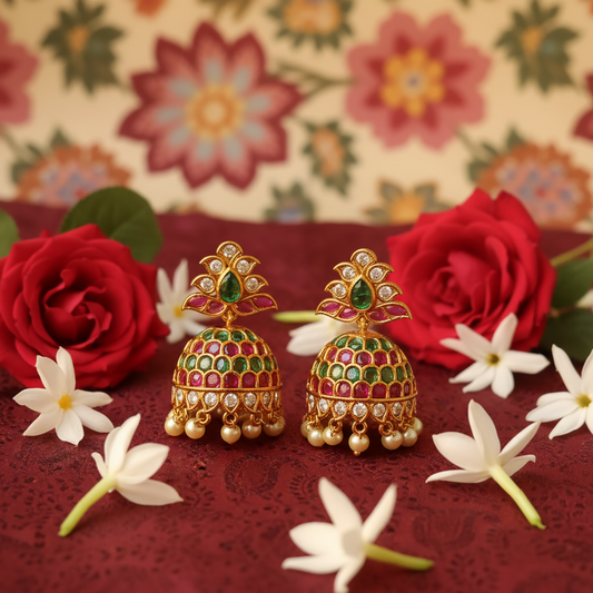 Gold Plated Kemp Ruby Emerald Jhumka Earrings with Pearl Drops