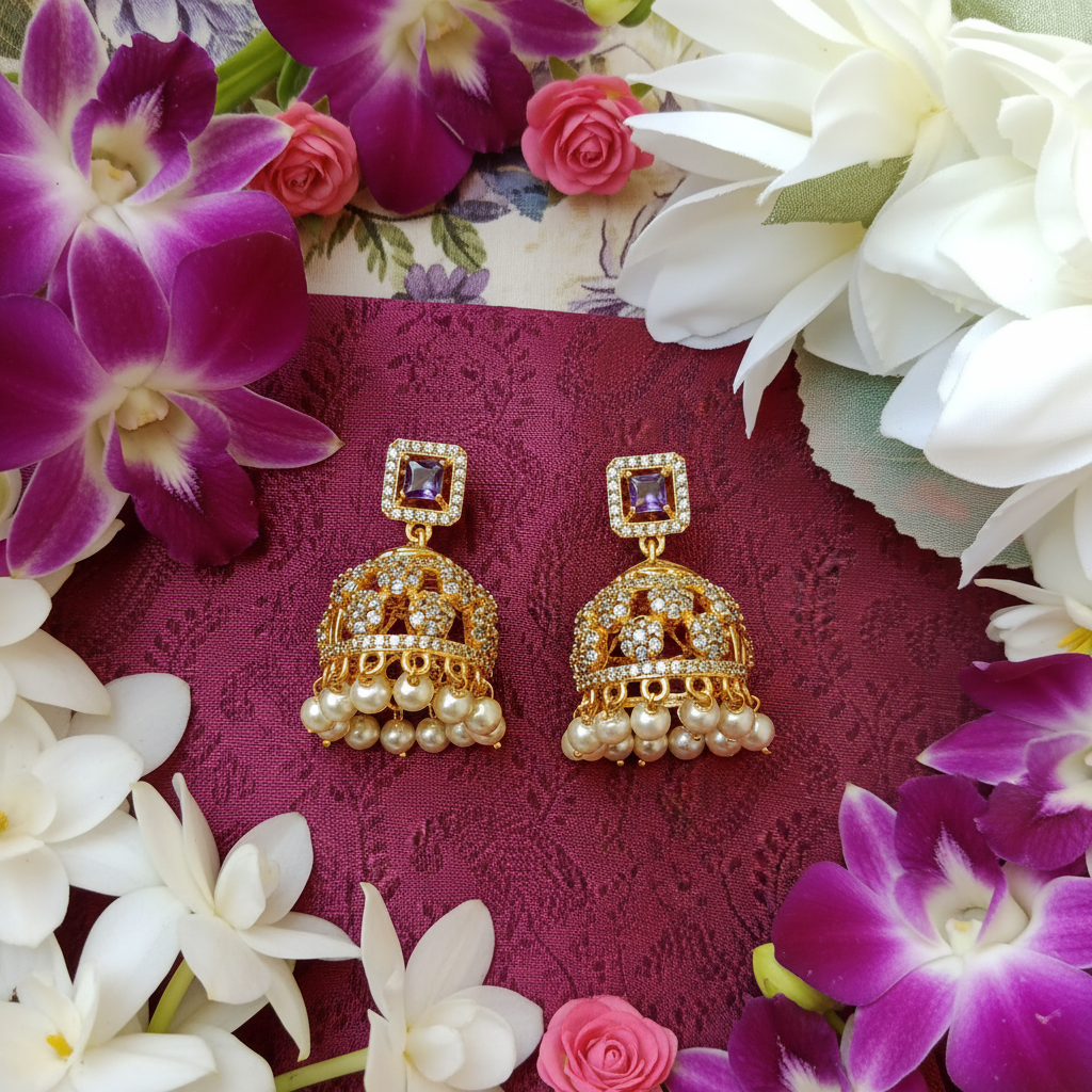 Gold Plated AD Purple Stone Jhumka Earrings