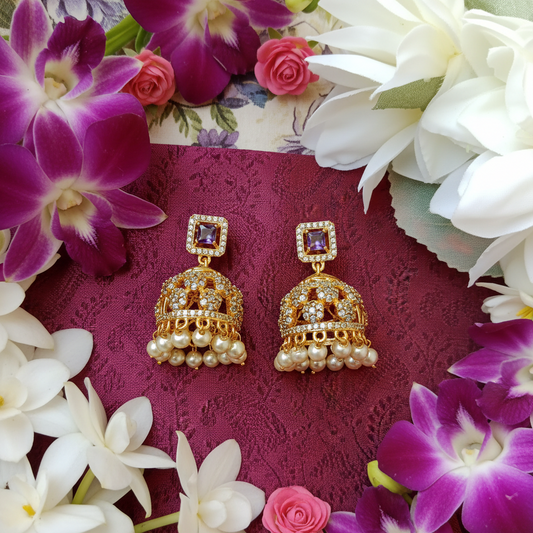 Gold Plated AD Purple Stone Jhumka Earrings