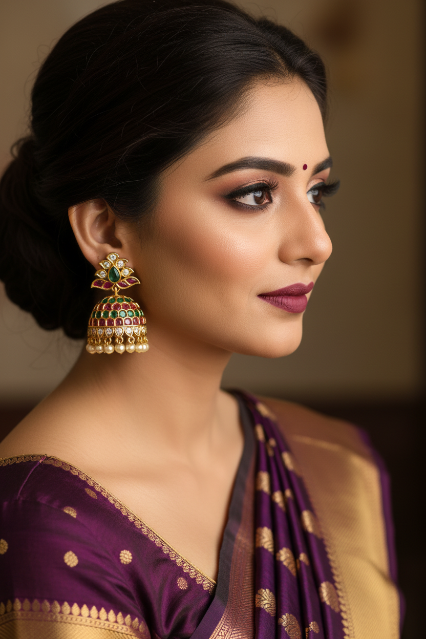 Gold Plated Kemp Ruby Emerald Jhumka Earrings with Pearl Drops
