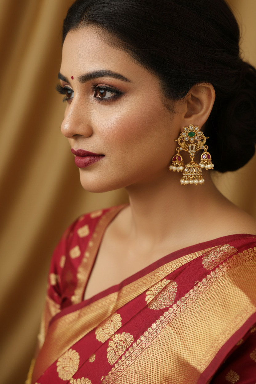 Gold Plated Kundan Peacock Triple Jhumka Earrings