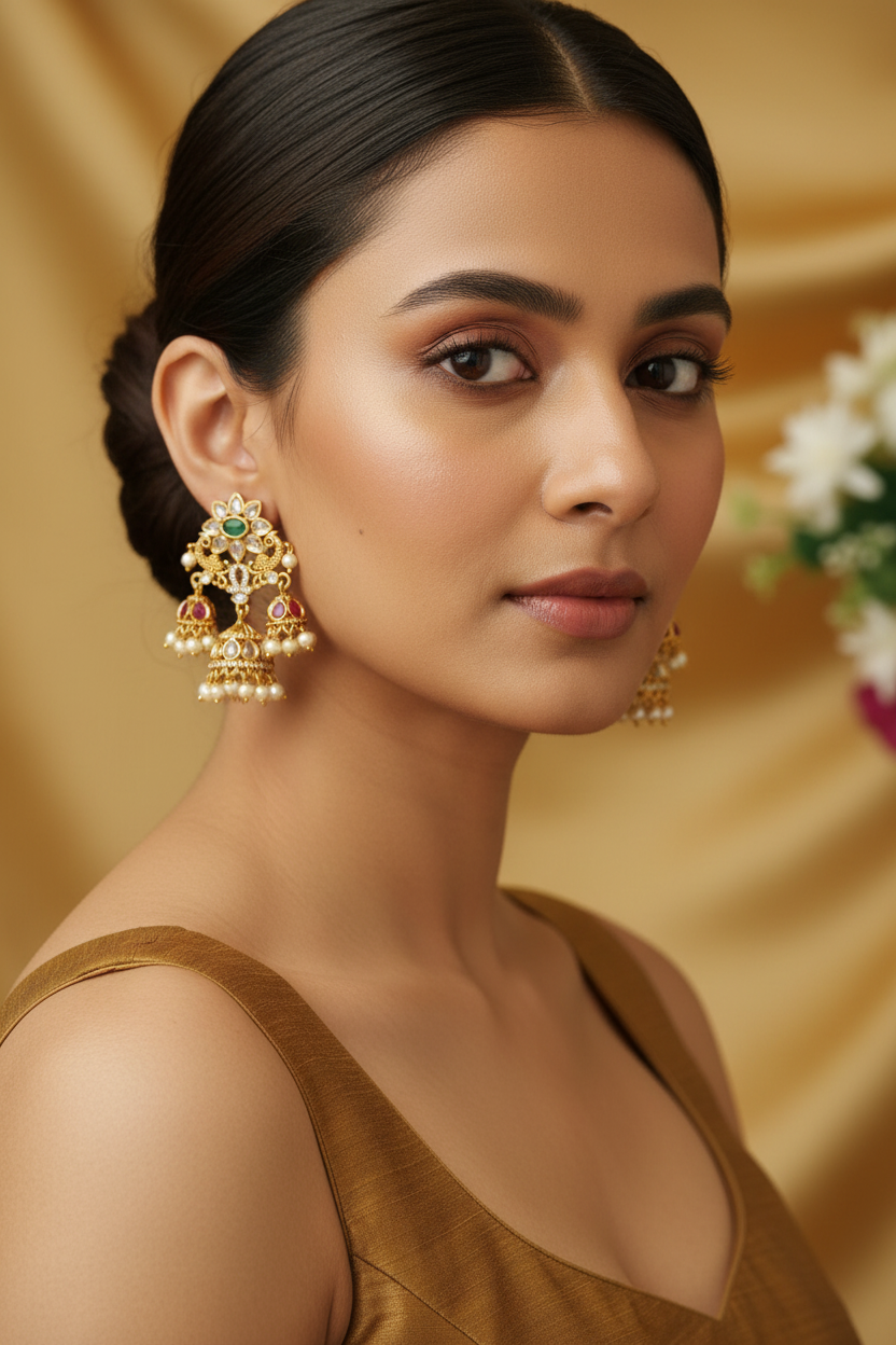 Gold Plated Kundan Peacock Triple Jhumka Earrings