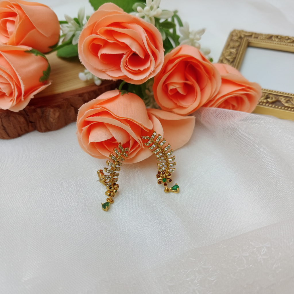 CZ Emerald Leaf Ear Climber Earrings with Green Emerald Drop