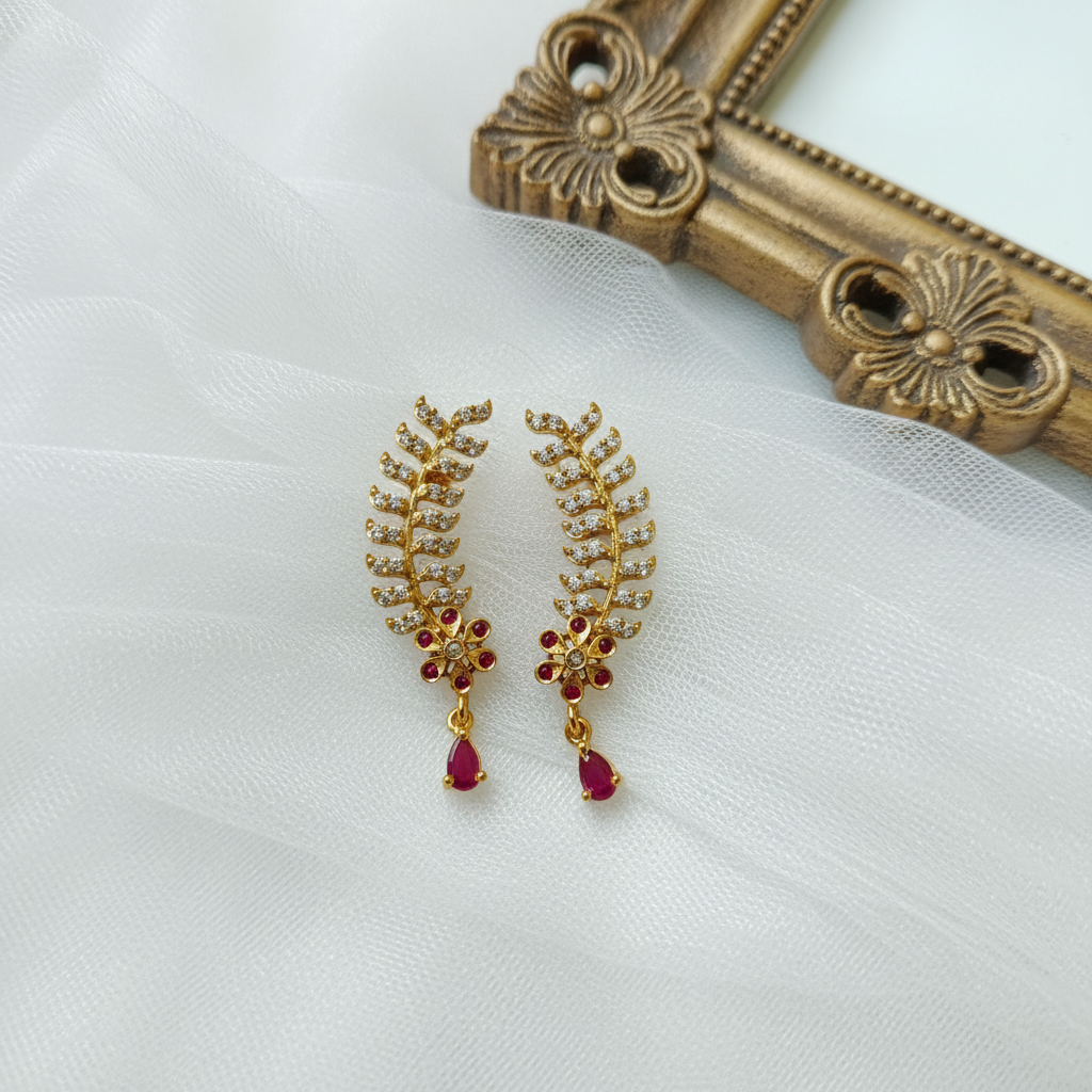 CZ Ruby Leaf Ear Climber Earrings with Ruby Drop