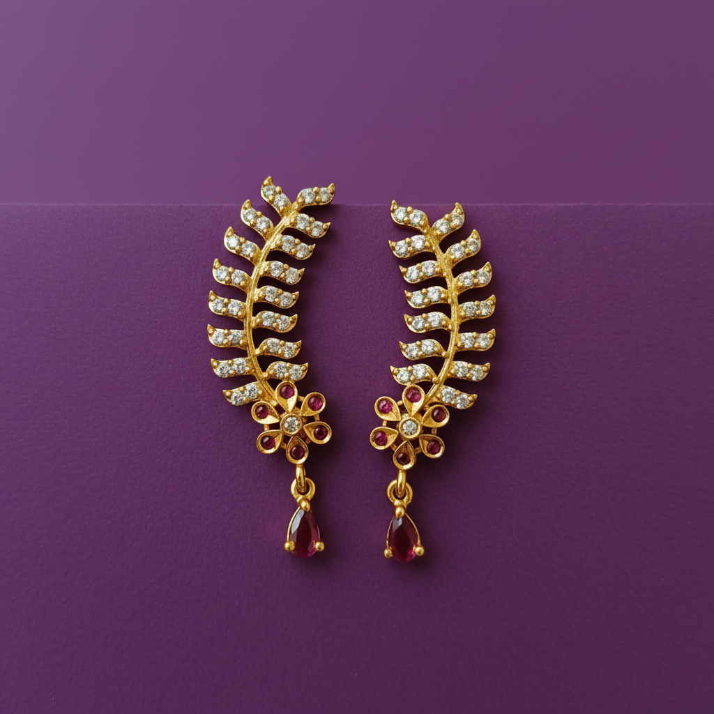 CZ Ruby Leaf Ear Climber Earrings with Ruby Drop