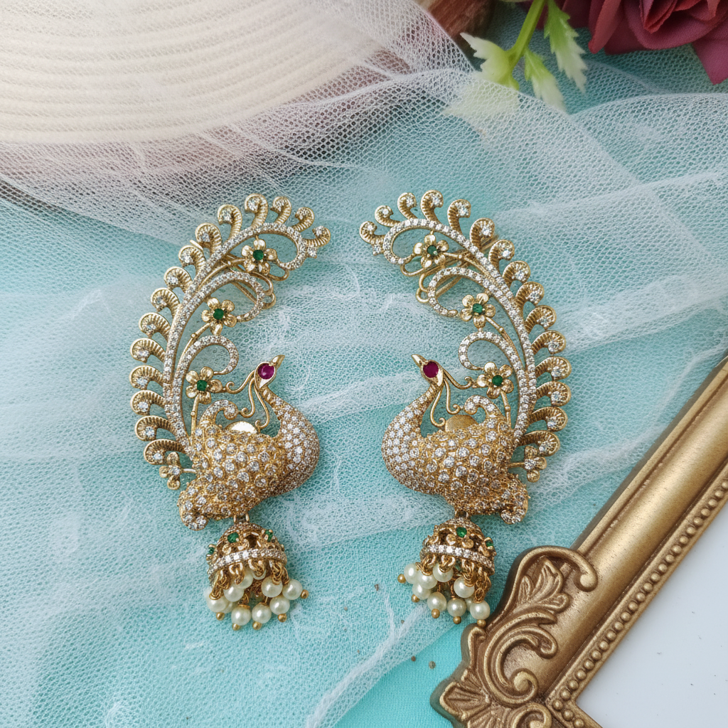 Peacock Jhumka Ear Cuff Earrings | CZ & Pearl Temple Jewellery