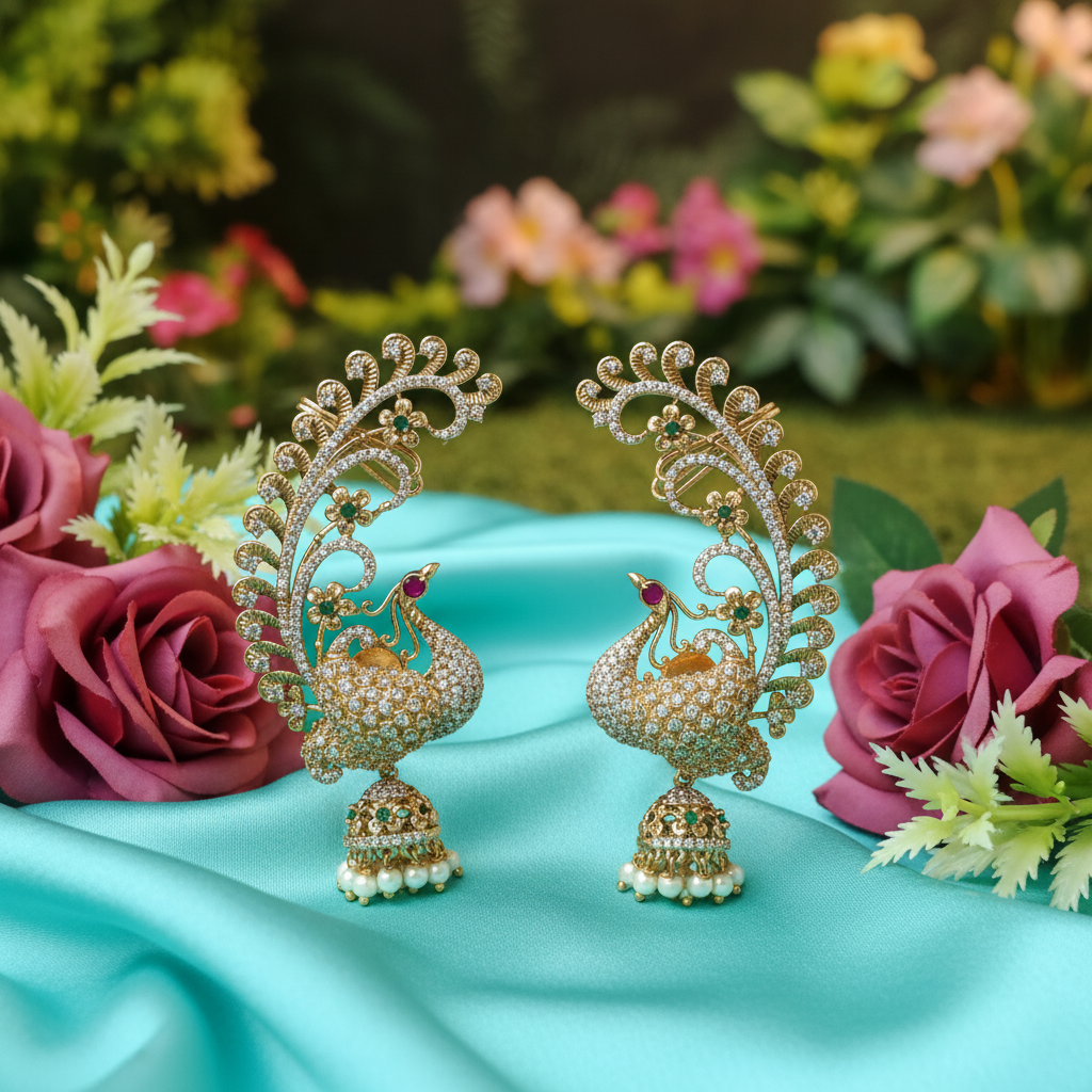 Peacock Jhumka Ear Cuff Earrings | CZ & Pearl Temple Jewellery