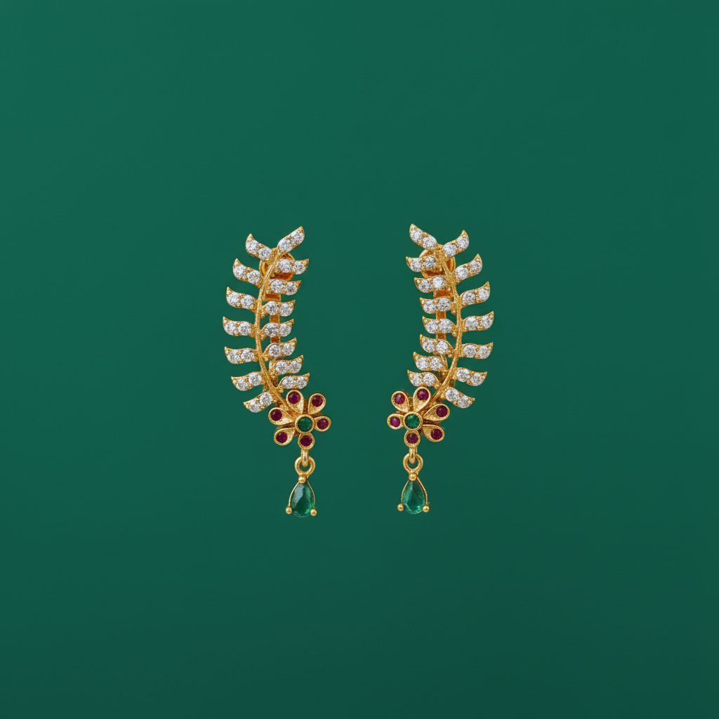 CZ Emerald Leaf Ear Climber Earrings with Green Emerald Drop