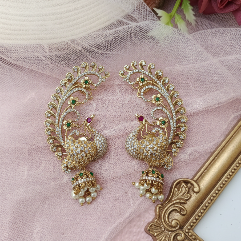 Peacock Jhumka Ear Cuff Earrings | CZ & Pearl Temple Jewellery