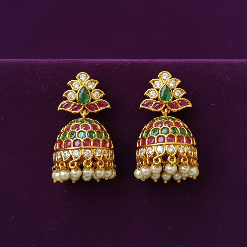Gold Plated Kemp Ruby Emerald Jhumka Earrings with Pearl Drops