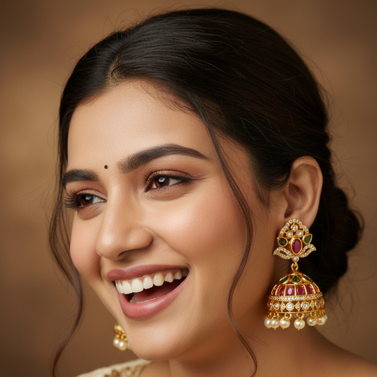 Gold Plated Kundan Ruby Emerald Jhumka Earrings with Pearl Drops