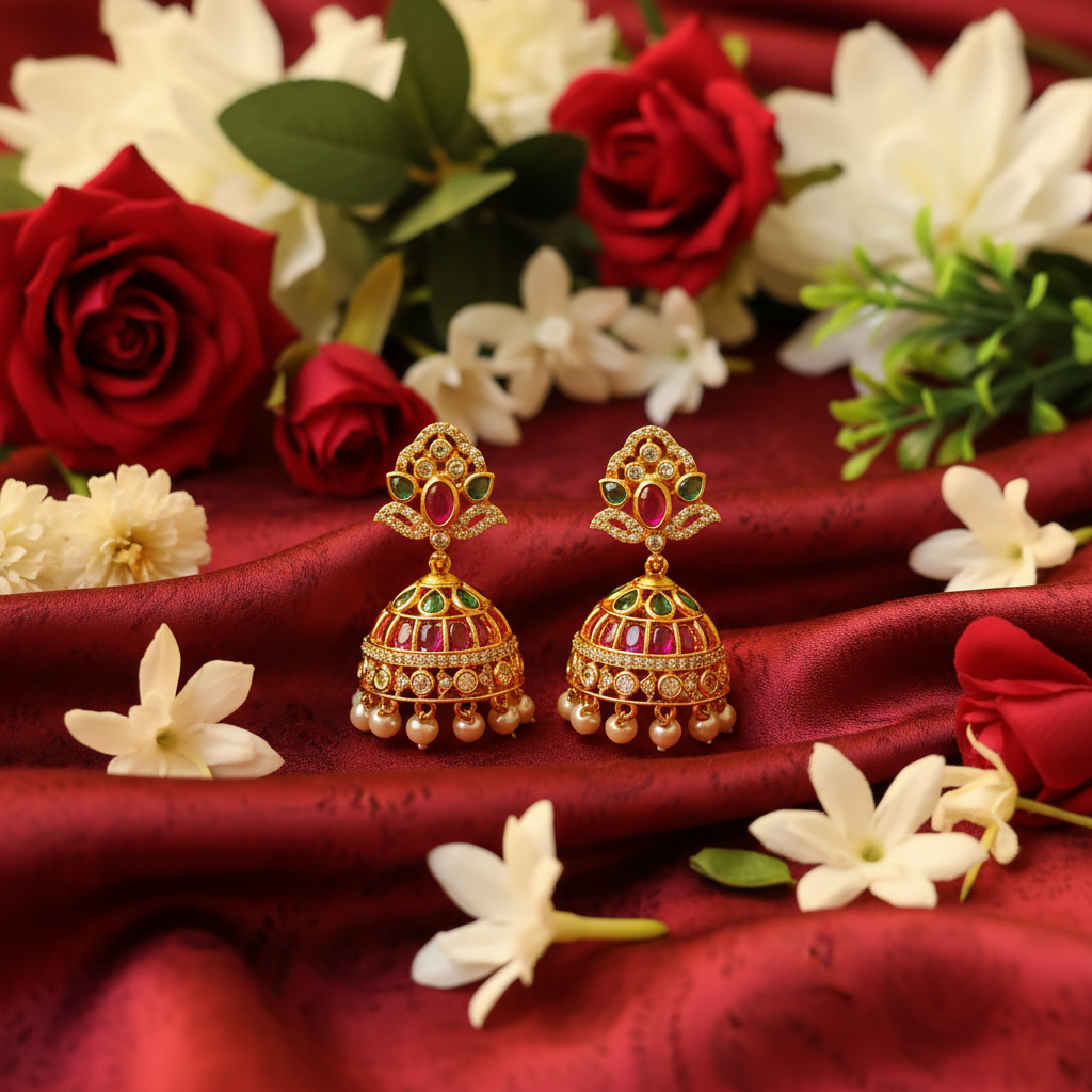 Gold Plated Kundan Ruby Emerald Jhumka Earrings with Pearl Drops