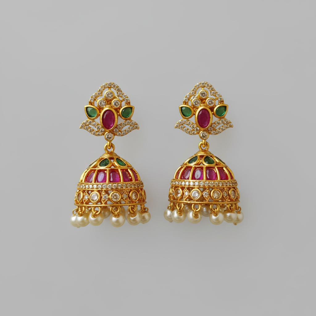 Gold Plated Kundan Ruby Emerald Jhumka Earrings with Pearl Drops