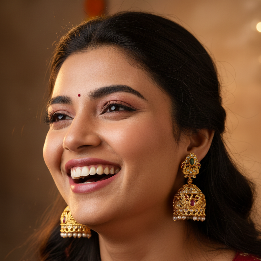 Gold Plated Nakshi Jhumka Earrings with Emerald Stud & Pearl Drops
