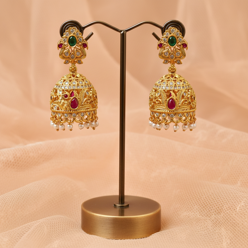Gold Plated Nakshi Jhumka Earrings with Emerald Stud & Pearl Drops