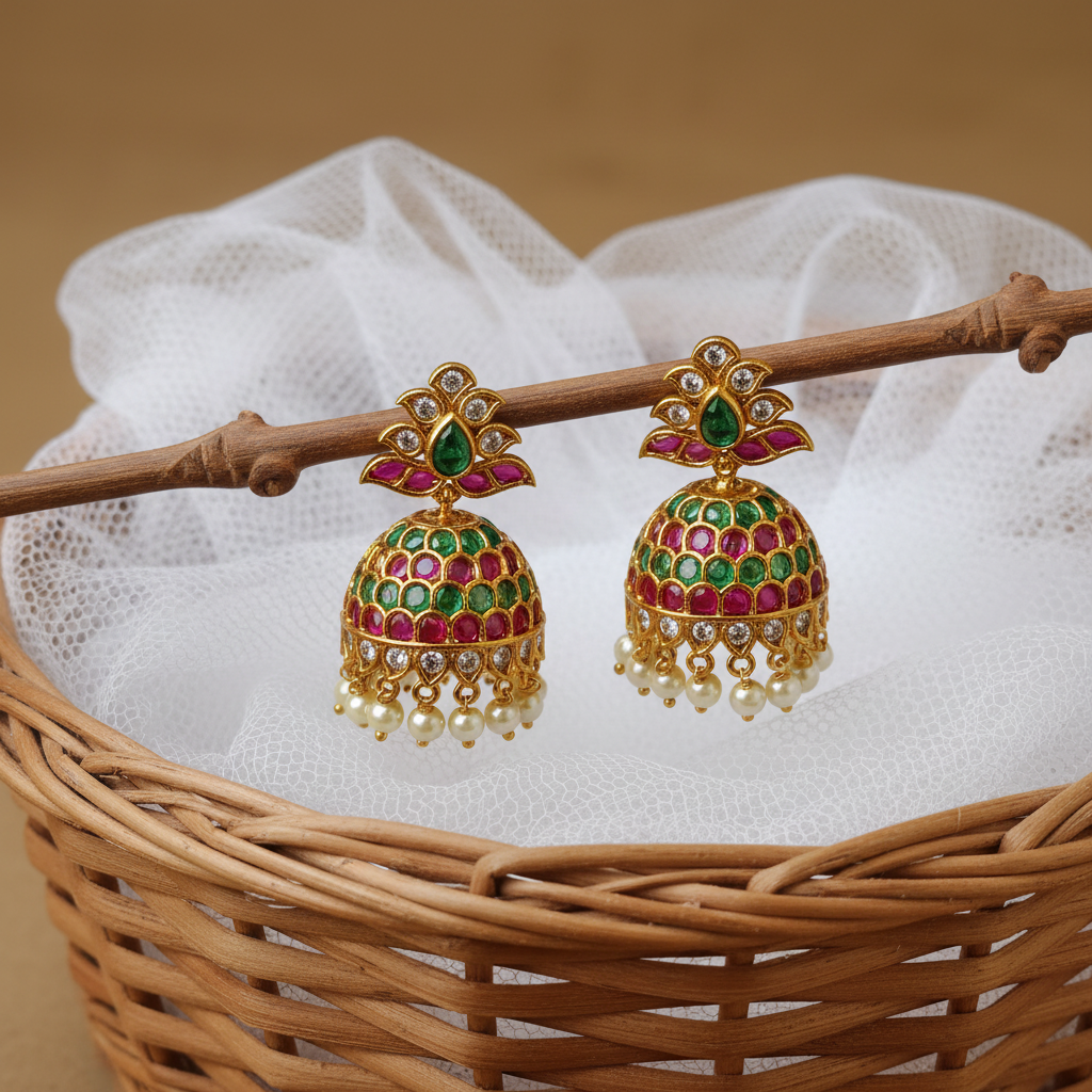 Gold Plated Kemp Ruby Emerald Jhumka Earrings with Pearl Drops