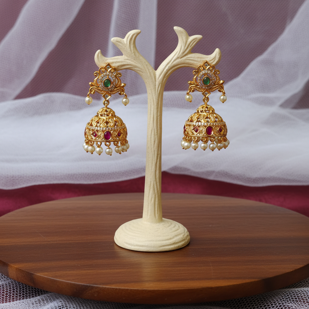 Gold Plated Nakshi Jhumka Earrings with Ruby Emerald & Pearl Drops