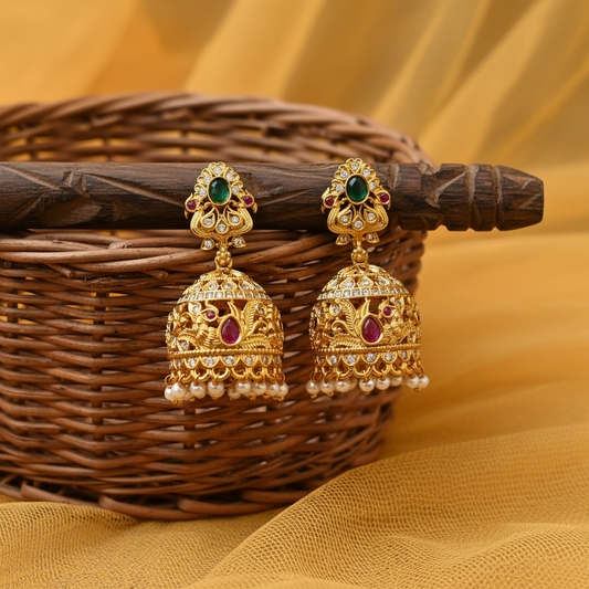 Gold Plated Nakshi Jhumka Earrings with Emerald Stud & Pearl Drops