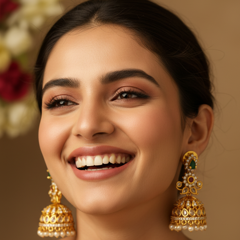 Gold Plated Kundan Jhumka Earrings with Ruby, Emerald & Pearl Drops