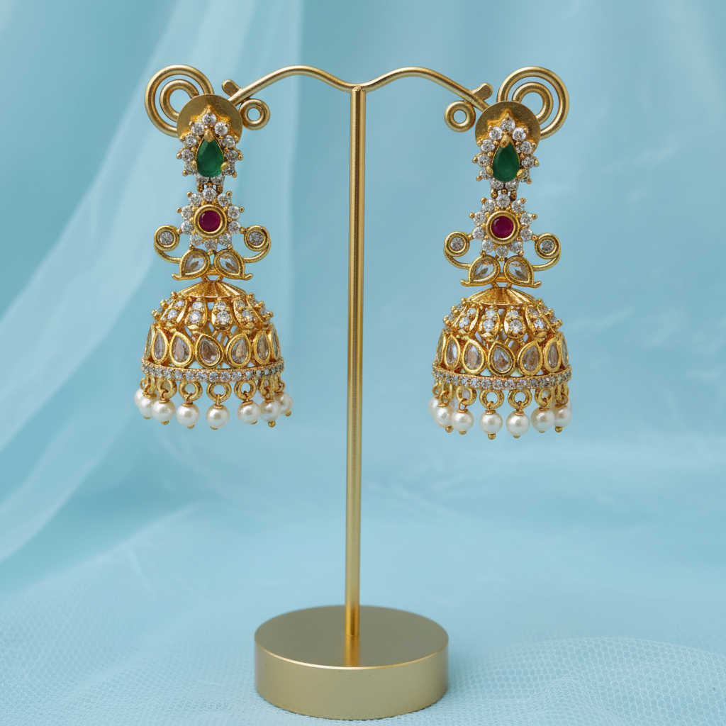 Gold Plated Kundan Jhumka Earrings with Ruby, Emerald & Pearl Drops