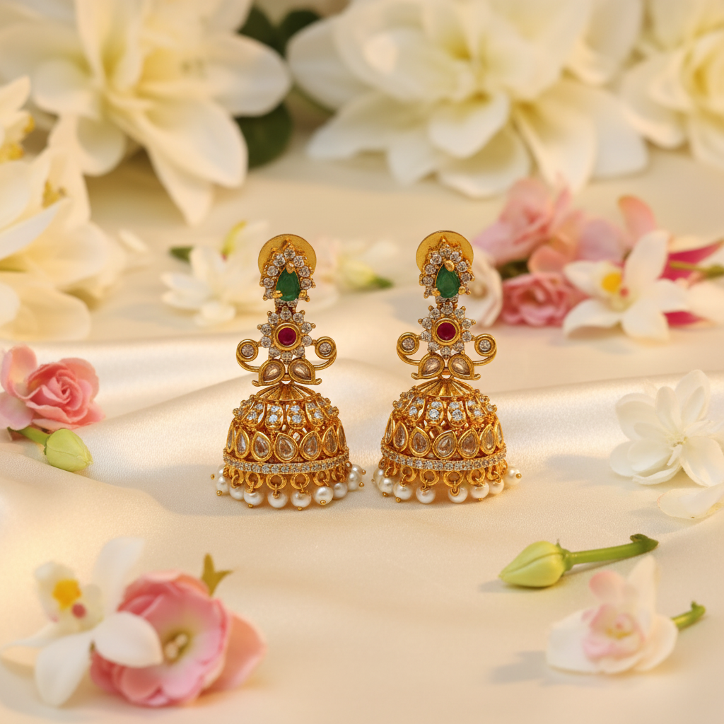 Gold Plated Kundan Jhumka Earrings with Ruby, Emerald & Pearl Drops