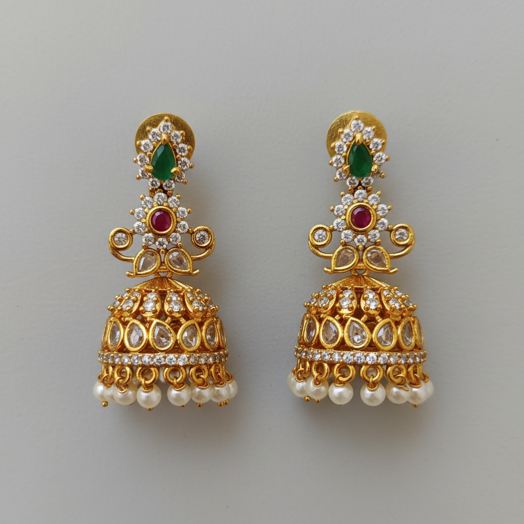 Gold Plated Kundan Jhumka Earrings with Ruby, Emerald & Pearl Drops