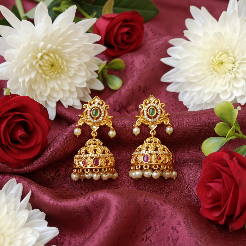 Gold Plated Nakshi Jhumka Earrings with Ruby Emerald & Pearl Drops