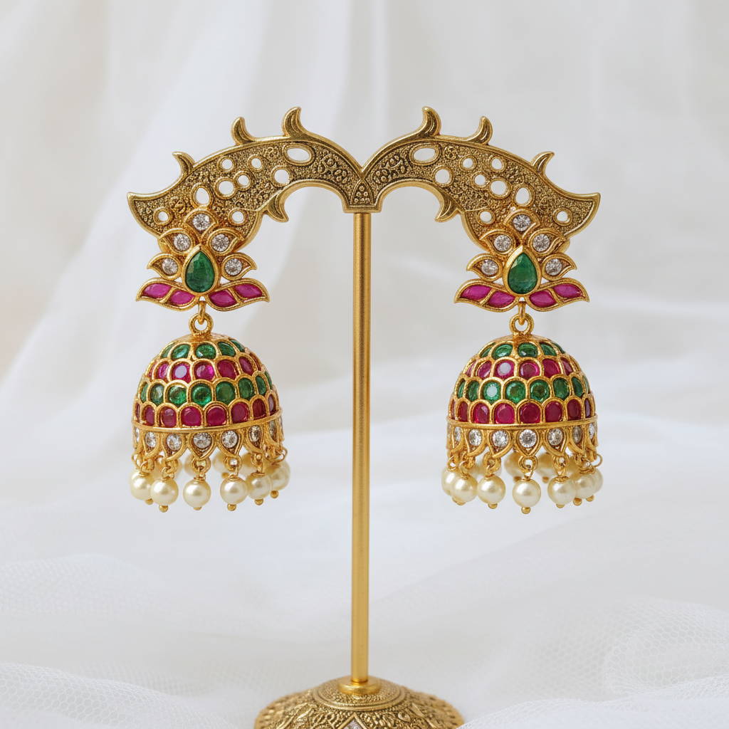 Gold Plated Kemp Ruby Emerald Jhumka Earrings with Pearl Drops