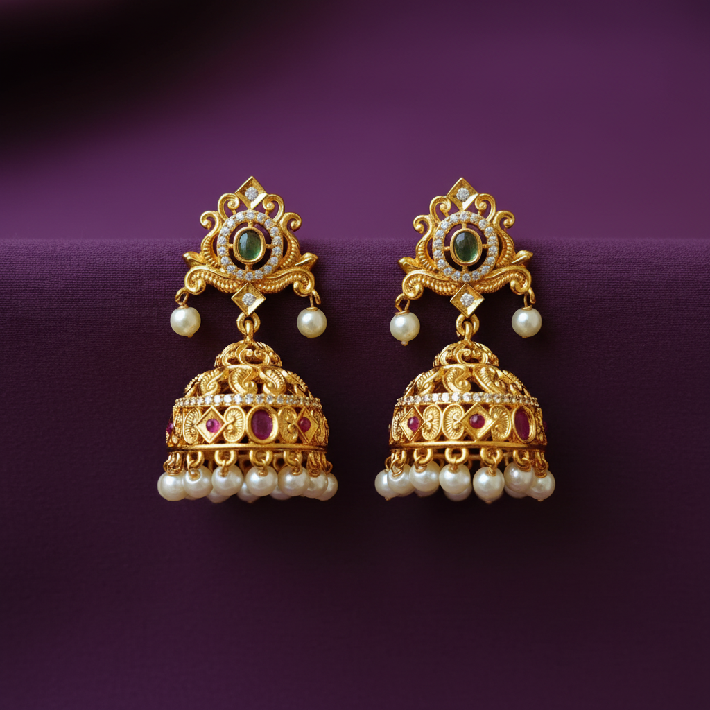 Gold Plated Nakshi Jhumka Earrings with Ruby Emerald & Pearl Drops