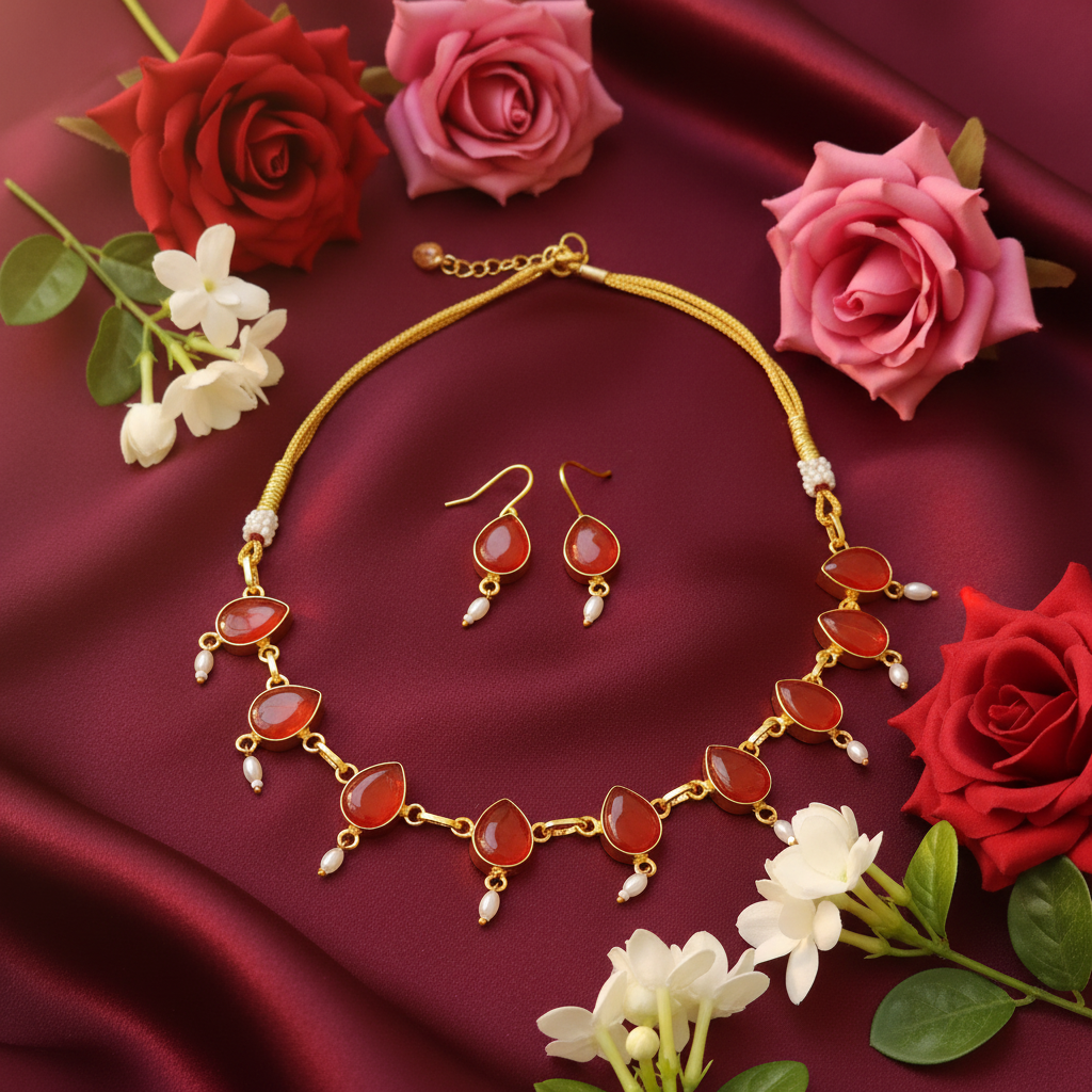 Monalisa Orange Teardrop Choker Necklace with Pearl Spacers & Matching Earrings
